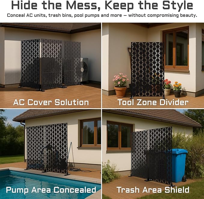 72" Metal Privacy Screen Freestanding Outdoor Room Divider Decorative Laser Cut Fence Panel, Weatherproof Patio Privacy Fence for Garden, Balcony, Backyard Landscape