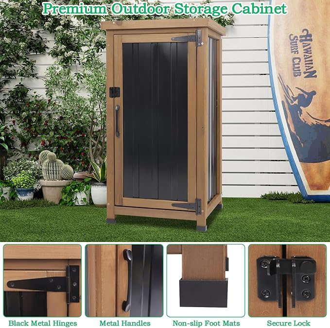 Small Outdoor Storage Cabinet Weatherproof, Wood Garden Potting Bench Table with Removable Shelves, Metal Top, Outdoor Cabinet Work Station for Patio, Backyard, Brown,17.9''x17.9''x33.5''