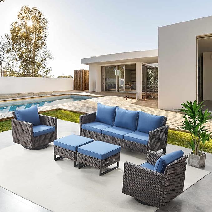 Belord Wicker Patio Furniture 5 Piece Outdoor Sofa Set, Oversize Outdoor Swivel Rocker Chairs with Rattan Ottomans, Conversation Sets Patio Furniture Come with Removable Cushion Blue, Anti-Rust Frame