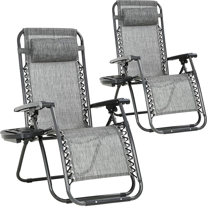 FDW Set of 2 Lawn Outdoor Deck Camping Folding Patio Beach Anti Recliner Pool Chair with Pillow and Cup Holder, Grey