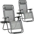 FDW Set of 2 Lawn Outdoor Deck Camping Folding Patio Beach Anti Recliner Pool Chair with Pillow and Cup Holder, Grey