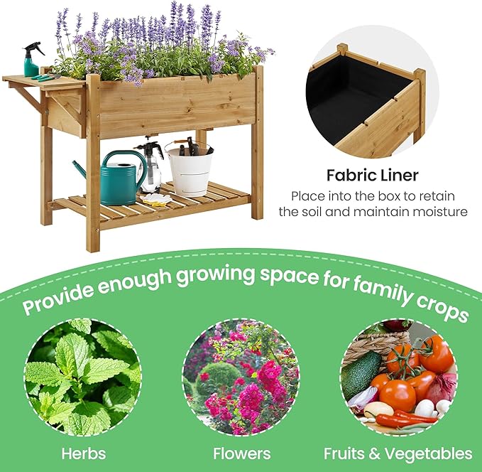 Yaheetech 49x22x32in 8 Pockets Horticulture Raised Garden Bed Elevated Wood Planter Box Stand with Foldable Side Table and Storage Shelf for Herb/Vegetables/Flowers, Light Brown