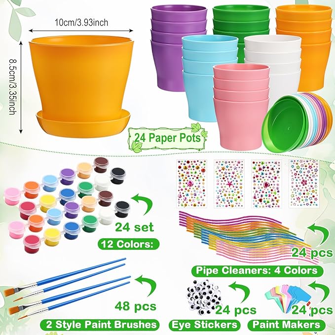 24 Set Garden Plastic Paintable Flower Pot Craft Kit 4" Starter Pots DIY Painting Party Supplies with Acrylic Paint Strips Gardening Kit for Planting Crafts Birthday Easter Spring Gift