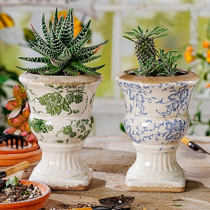 Sungmor Small Ceramic Urn Planter - Green Scroll Floral Pedestal Flower Pot, Decorative Vintage Chinoiserie Style Planters, Tuscan Accent Vase Indoor Outdoor Plant Holder with Drainage