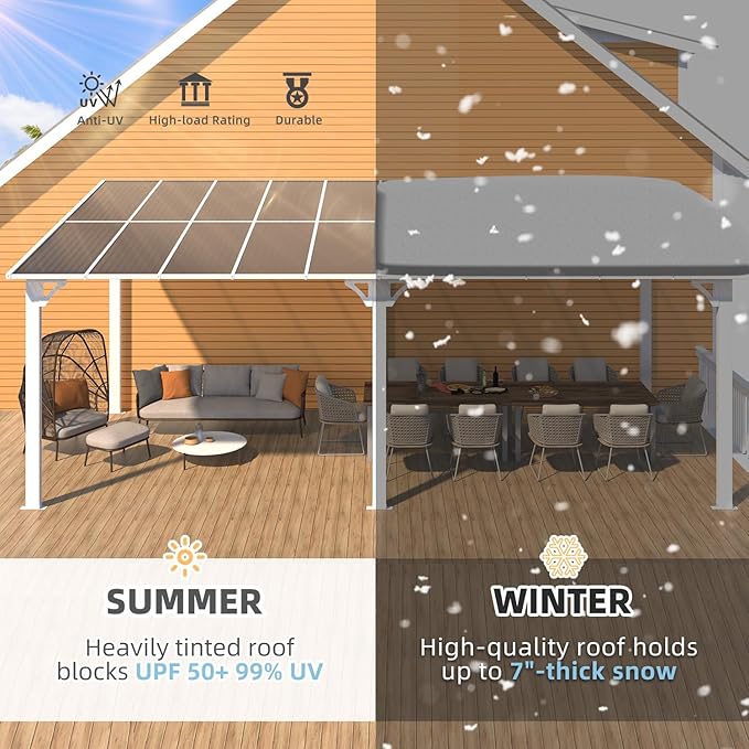 AECOJOY 20' x 10' White Gazebo Outdoor Pergola for Patio, 10x20 Large Wall-Mounted Hard Top Lean to Metal Gazebo Shelter Pergolas and Gazebos Clearance with Patio Roof, Heavy Duty Awnings for Backyard