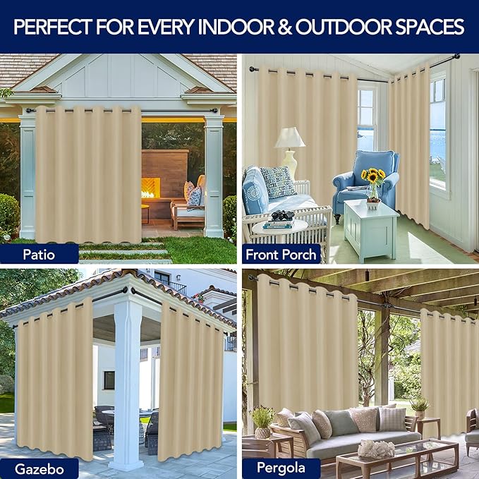 PureFit Outdoor Curtains for Patio Waterproof Weatherproof, UV Resistant Outside Curtains for Gazebo, Front Porch, Pergola, Sun Blocking Privacy Curtain, 100W x 108L inch, 1 Panel, Beige