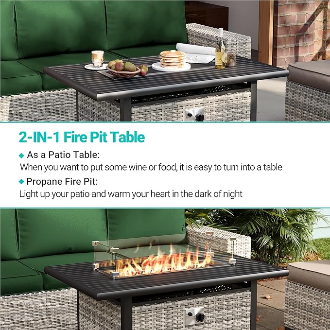 10-Piece Outdoor Patio Furniture Set with Rocking Swivel Chair, PE Wicker Rattan Sectional Sofa Patio Conversation Set with 55,000 BTU Fire Pit Table & Coffee Table, Green