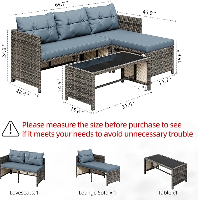 Shintenchi 3-Piece Outdoor Patio Furniture Sets, Wicker Patio Conversation Sets, All Weather Wicker Rattan Patio Seating Sofas with Glass Coffee Table and Cushion, Blue-Gray