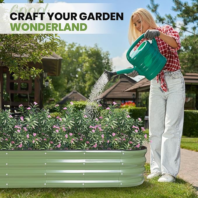 G GOOD GAIN Raised Garden Beds - 8x2x1ft Galvanized Planter Boxes Kit with Protective Tape & Gloves & Tools | Oval Metal Outdoor Raised Bed for Gardening Vegetables, Fruits, Flowers, Herbs, Oliver