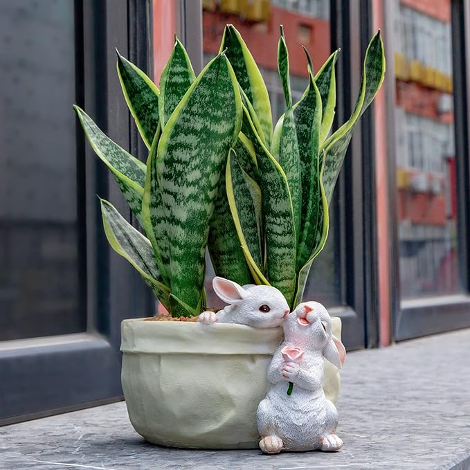Rabbit Flower Pot Succulent Planter Garden Pots, Bunny Decorative Flower Pot,Animal Shaped Cartoon Planter Pots, Art Decorations for Mom Women （Flower with Drainage Hole）