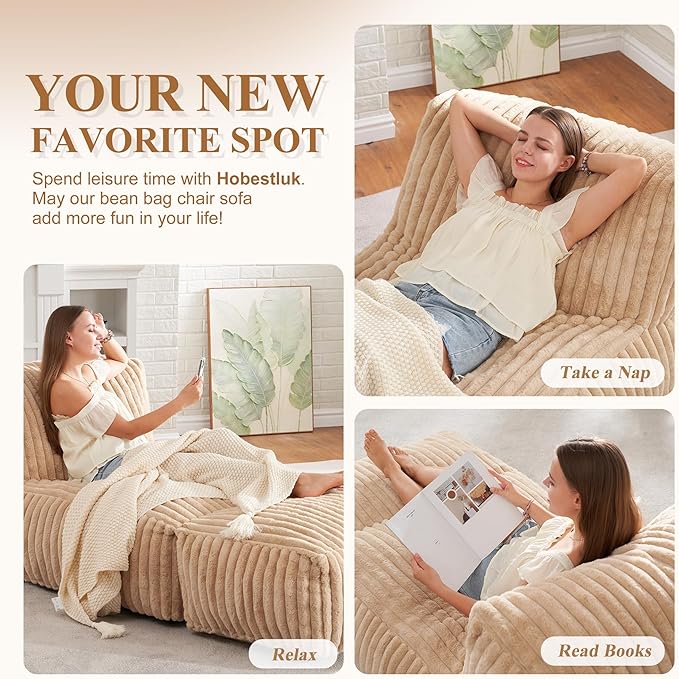 Hobestluk Big Bean Bag Lounger Chairs Large Beanbag Chair for Adults Bean Bag Sofa with Memory Foam Filled for Living Room, Bedroom or Balcony (Stripe Khaki)