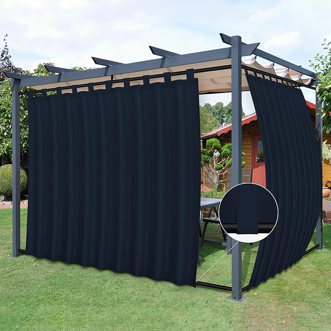 Easy-Going Outdoor Patio Curtains Detachable Tab Top Windproof Weatherproof Curtain for Cabana, Porch, Pergola and Gazebo, Tab Bottom Drape, 2 Panels, 110W x 96L inch, Navy