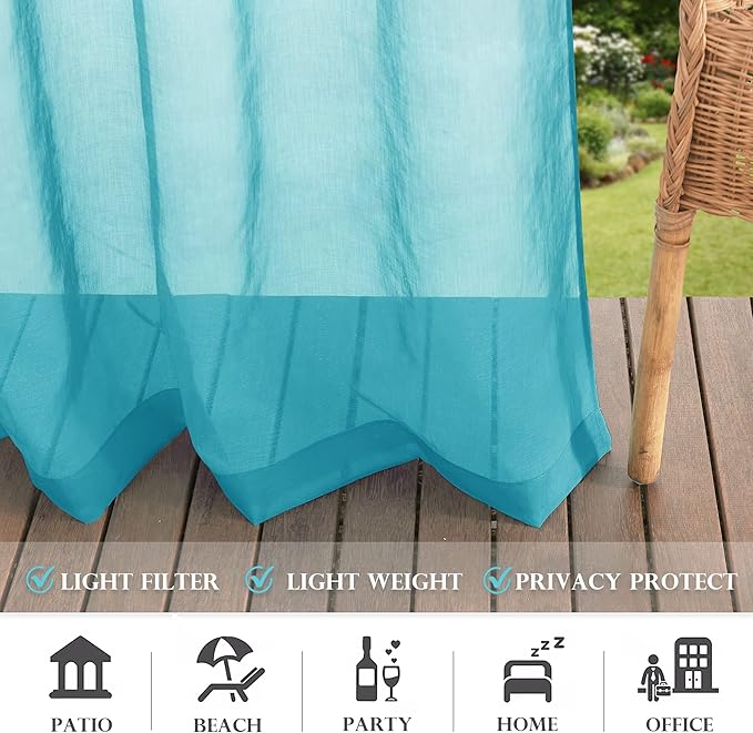 RYB HOME Waterproof Outdoor Curtains - Linen Like Translucent Breathable Sheer Curtains, Quick Dry Easy Slide Draperies for Backyard Patio Verandas, W 54" x L 84", 2 Pieces, Teal