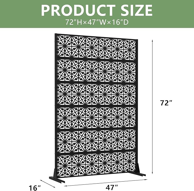 Casaphoria Metal Privacy Screen Outdoor, 72" H x 47" W Freestanding Decorative Privacy Screen for Patio Deck Balcony Garden with Stable Base, Black-Gene