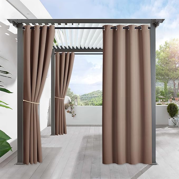 RYB HOME Outdoor Curtains for Patio Waterproof Block Sunlight Thermal Insulated Privacy Assured Thick Outside Curtains for Pergola, Deck, Gazebo, W52" x L120", Mocha, 1 Panel
