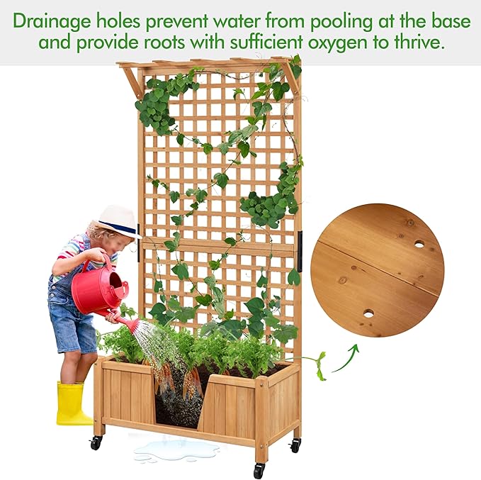 Yaheetech 72" H Garden Planter with Trellis for Vine Climbing Horticultural Plants, Yard Box Outdoor w/Drainage Holes, Garden Planter Bed for Flowers Herbs, Light Brown