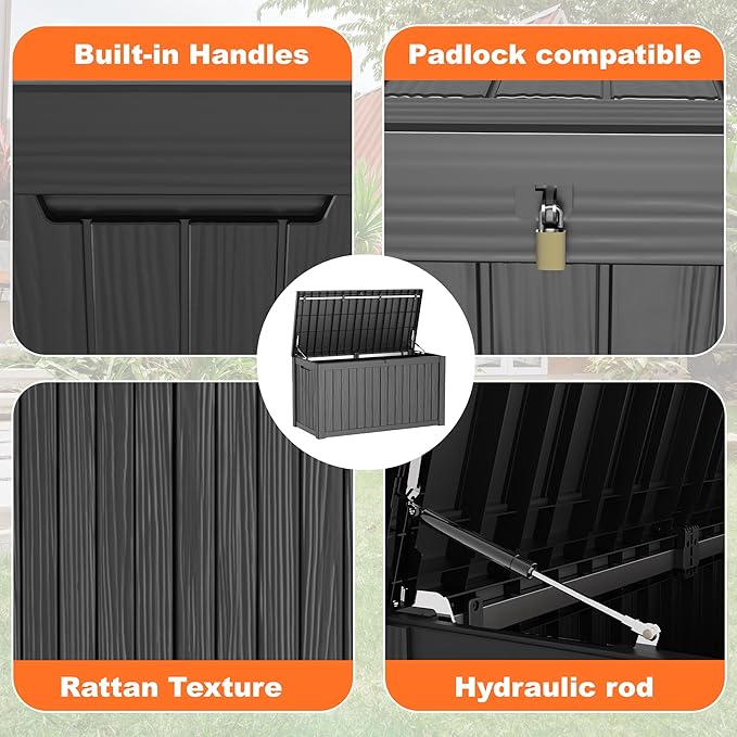 180 Gallon Outdoor Deck Box, Lockable Waterproof Outdoor Storage Boxes For Garden Tools,Indoor Cushions,Accessories Outside Storage Resin Weatherproof Container(Black)