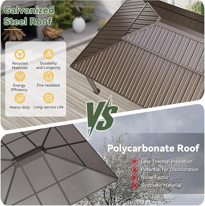 Aoxun 12x16FT Gazebo Outdoor Hardtop Pergolas with Mosquito Netting and Curtains Large Gazebo with Galvanized Steel Double Roof for Gardens, Decks, Patios, Parties (Brown)