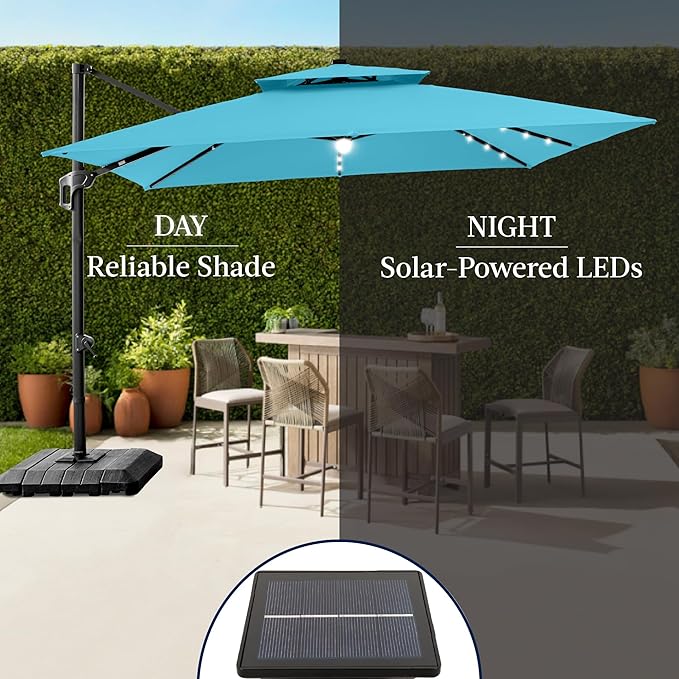 Best Choice Products 12x12ft LED Cantilever Patio Umbrella w/Base Included & 360° Rotation, Large Solar Offset Hanging Outdoor Sun Shade for Deck, Backyard Table w/Stand & Lights – Sky Blue