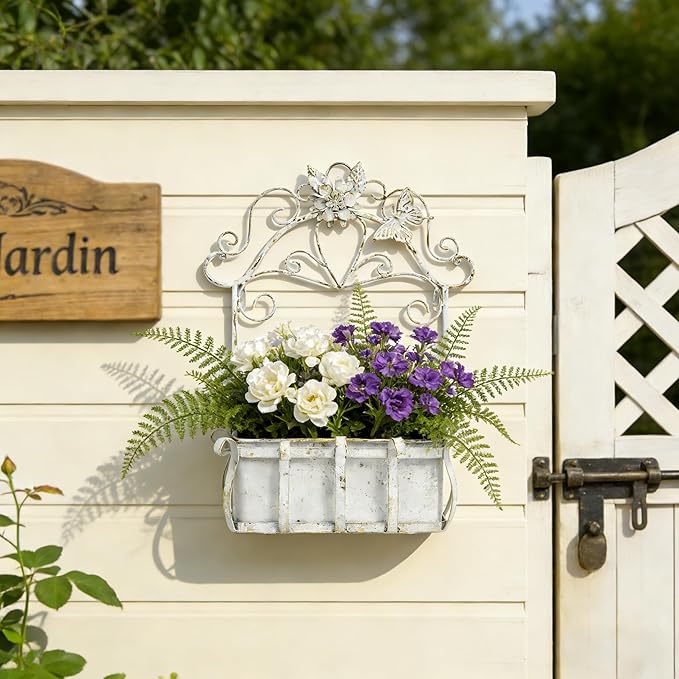 Rustic Metal Wall Planter Vintage Wall Mounted Flower Pot Farmhouse Distressed Wall Hanging Plant Basket with Floral & Butterfly Decor for Indoor Outdoor Garden Home Yard (White#2)
