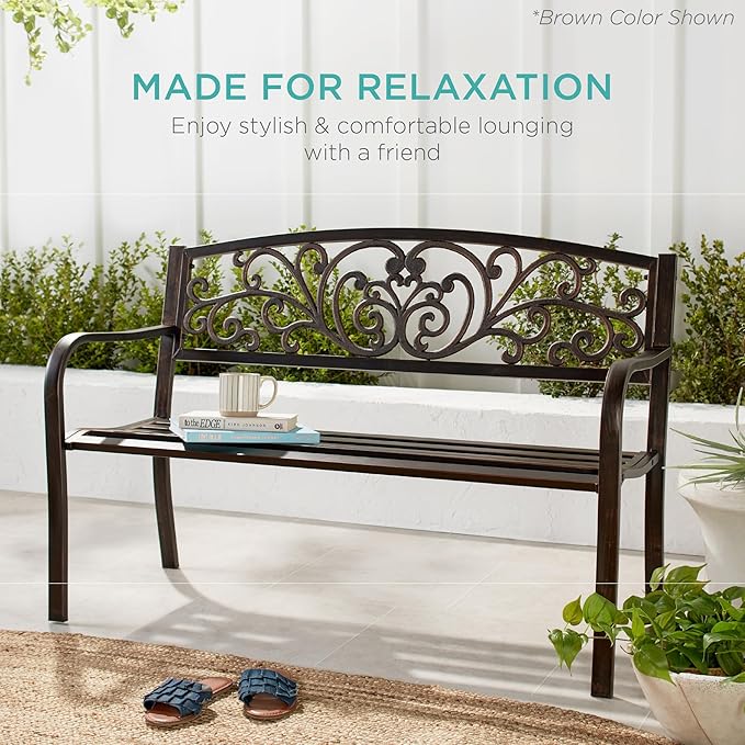 Best Choice Products Outdoor Bench Steel Garden Patio Porch Furniture for Lawn, Park, Deck w/Floral Design Backrest, Slatted Seat - Peacock Blue