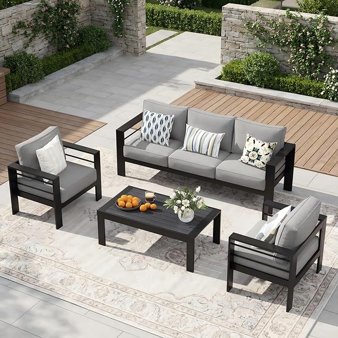 Solaste Aluminum Outdoor Patio Furniture Set, 5 Seats Patio Sectional Sofa with 5" Thick Cushion, Outdoor Patio Set with Coffee Table for Porch, Yard, Backyard, Deck, Light Grey