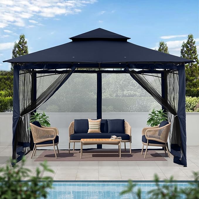 MASTERCANOPY Outdoor Garden Gazebo for Patios with Stable Steel Frame and Netting Walls (11x11,Navy Blue)