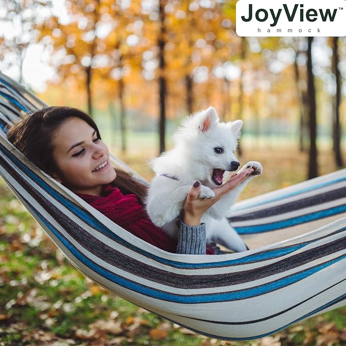 JoyView Brazilian Double Hammock with Hanging Ropes Extra Large 86.6x59” Portable Cotton Hammock for Patio Backyard Porch 450LBS Weight Capacity Perfect for Outdoor/Indoor - Light Green/Yellow Stripe