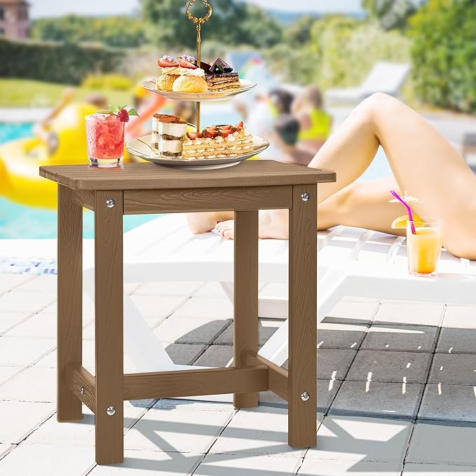 Y&M Outdoor Side Table, HIPS Adirondack Small Single Table, Waterproof Square Outside Table, Balcony Modern End Tables for Patio, Pool, Beach, Porch, Deck, Indoor or Outdoor Use (Brown, 2 Pack)