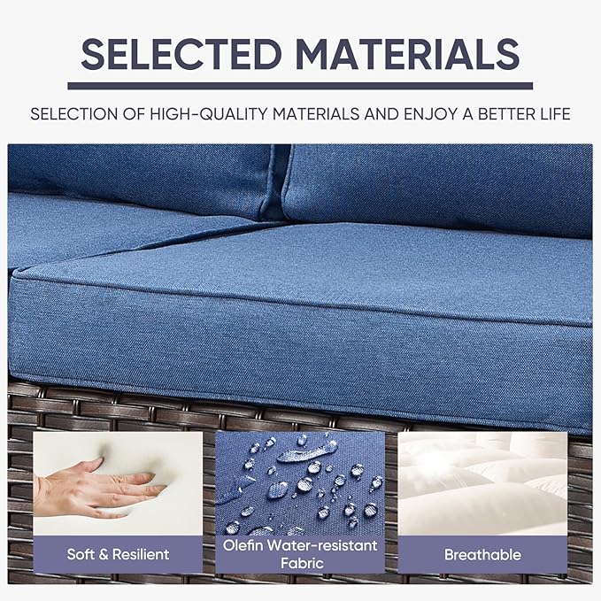 Belord Wicker Patio Furniture 5 Piece Outdoor Sofa Set, Oversize Outdoor Swivel Rocker Chairs with Rattan Ottomans, Conversation Sets Patio Furniture Come with Removable Cushion Blue, Anti-Rust Frame