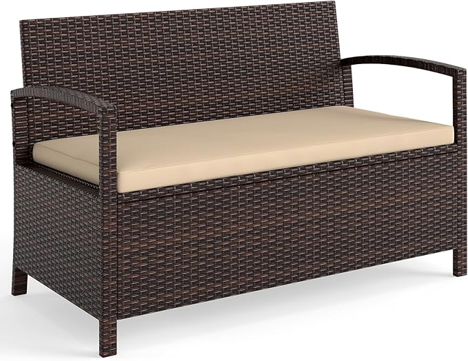 Tangkula 42 Gallon Outdoor Bench with Storage, Outdoor PE Rattan Storage Bench with Cushion, Backrest & Acacia Wood Armrests, Metal Frame, Waterproof Deck Box Seat for Porch Backyard Poolside