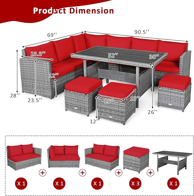 Tangkula 7 Pieces Patio Furniture Set, Outdoor Sectional Rattan Sofa Set with Cushions, All Weather Wicker Conversation Couch Set w/Dining Table & Ottomans for Backyard Garden Poolside