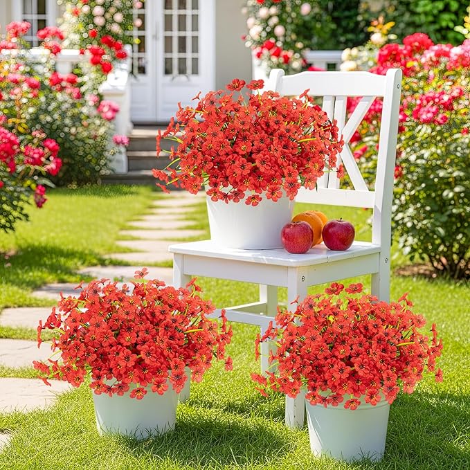 MACTING 12 Bundles Artificial Flowers for Outdoors Fake Flowers UV Resistant Faux Plastic Plants No Fade for Planters Window Patio Porch Garden Home Outside Spring Summer Decorations,Red