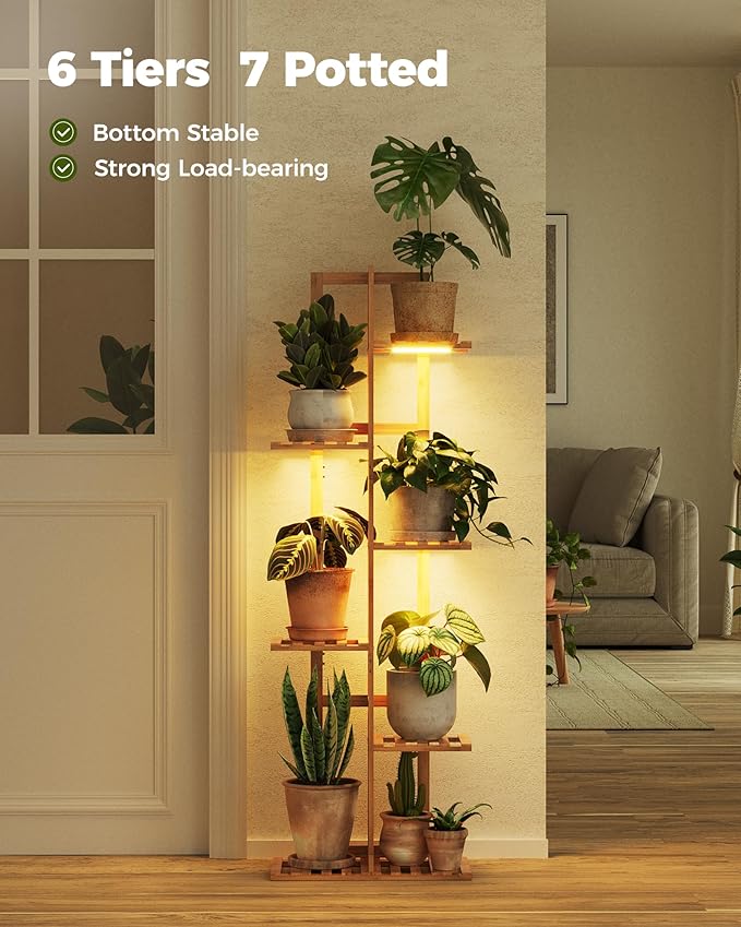 Bamworld Bamboo Plant Stand with Grow Light 6 Tiered Plant Shelf Indoor Outdoor Corner Plant Rack for Multiple Plants Flower Stand Plant Holder for Living Room Bedroom Balcony Patio Garden 48 Inch Natural