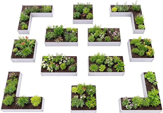 A ANLEOLIFE Set of 12 18 Inch Tall Raised Garden Beds Kit, L-Shaped, Square & Rectangular Metal Planters for Flexible Backyard Layouts, Antique White