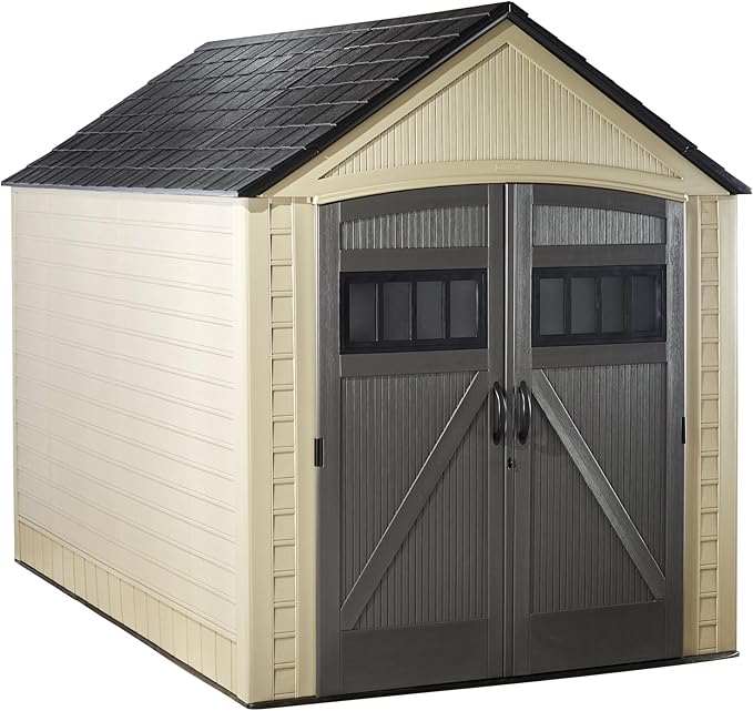 Rubbermaid Resin Outdoor Storage Shed With Floor (7 x 10.5 Ft) Weather Resistant, Brown Gable, Organization for Home/Backyard/Garden Tools/Lawn Mower/Bike Storage/Pool Supplies