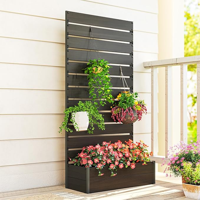 Outsunny Raised Garden Bed with Trellis for Climbing Plants, Planter Box with Self Draining Gap, Freestanding Trellis Planter for Outdoor, Patio, Deck, 35.75" x 15" x 70.75", Black