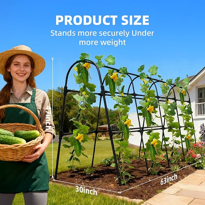 Cucumber Trellis for Raised Bed, U-Shape Garden Arch Metal Support for Climbing Plants, Metal Arch Plant Support Vegetables Trellis, Plant Support for Vine Outdoor(Black, 63*30*47inch(L*W*H))