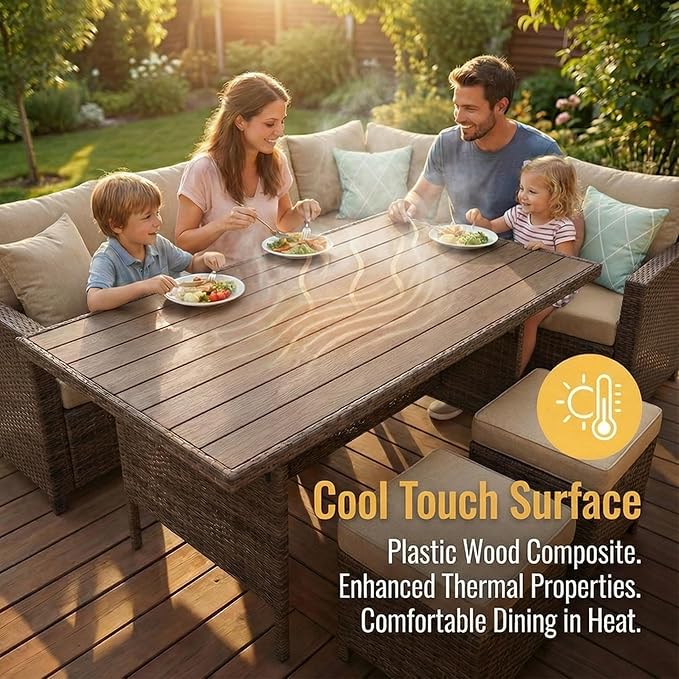 Wisteria Lane Patio Furniture Set, 7 Piece Outdoor Dining Sectional Sofa with Dining Table and Chair, All Weather Wicker Conversation Set with Ottoman, Ivory