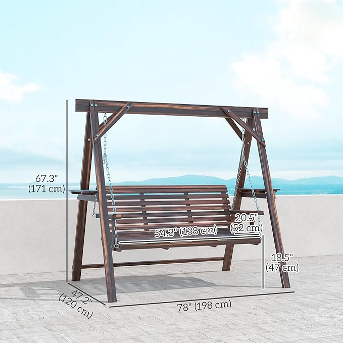 Outsunny 3 Seat Porch Swing with Stand, Wooden Patio Swing Chair with Side Tables and Metal Chains, Outdoor Swing Bench for Garden, Poolside, Backyard, Carbonized Brown