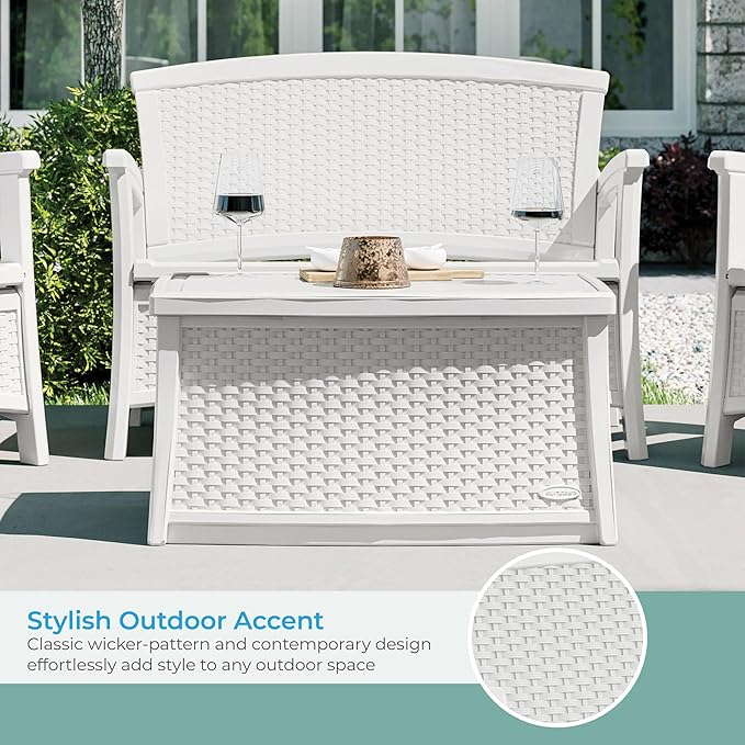 Suncast Outdoor Wicker Love Seat with 23-Gallon Storage, Comfortable Seating for Two, Ergonomic Back Support, All-Weather Furniture for Patio, Deck, and Garden, Ice Cube