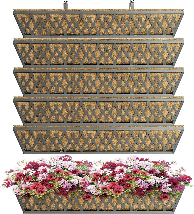 6 Pack 30 Inch Window Boxes Planters Railing Planter Box with Adjustable Brackets for Porch Fence Patio Balcony Hanging Flower Baskets with Coco Liners for Outdoor Garden Decor - Dark Grey