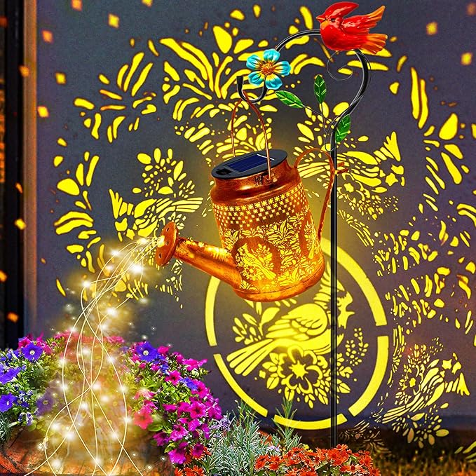 Solar Lights Outdoor Garden Decor, Cardinals Hanging Waterproof Watering Can Lights Outside Decorations for Yard Front Porch Patio Christmas Gift for Mom Grandma Women Birthday （with Shepherd Hook）