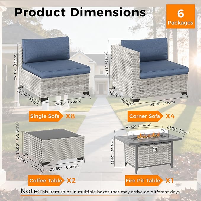 12-Seat Modern Outdoor Wicker Rattan Patio Furniture Set with 55,000 BTU Fire Pit Table, Thick 4″ Cushions, All-Weather Dual-Strand Rattan, Rust-Resistant Steel Frame,Navy