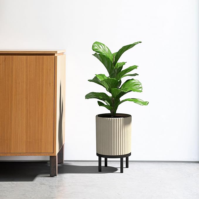 Veradek Demi Series Round Planter w/Stand for Porch/Patio | Durable Plastic-Stone Composite & Wooden Stand | Modern Décor for Tall Plants, Flowers