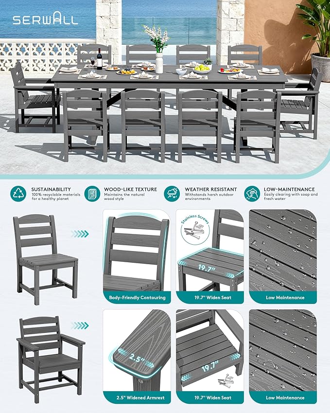 SERWALL 11 Piece Outdoor Dining Set, 84" HDPE Outdoor Table and Chairs for 10，All Weather Patio Furniture Set with Umbrella Hole for Backyard, Garden, Gray