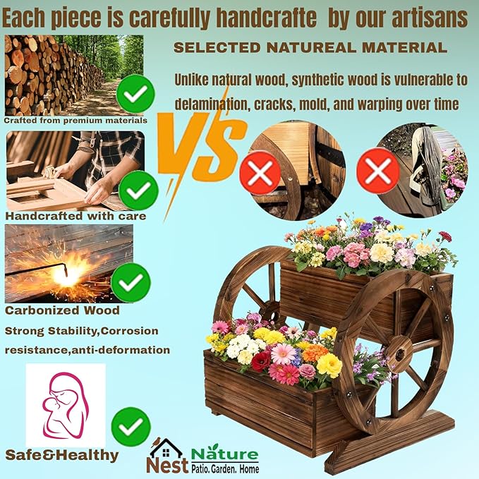 NestNature Wooden Wagon Planter Box,Raised Garden Bed,Decorative Garden Planters with Wheels-Outside Flower Pots for Indoor/Outdoor Décor Plants