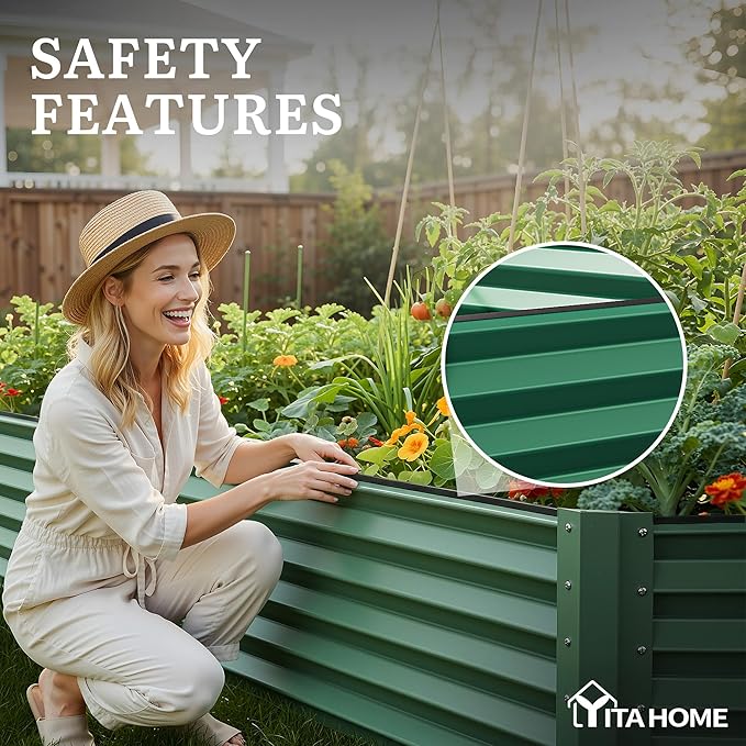 YITAHOME 8x4x1.5ft 2pcs Large Raised Garden Bed Kit, Galvanized Metal Planter Box with Gloves, Ground Nails & Safety Rubber, Outdoor Above Ground Planters for Plants Vegetables Flowers, Green
