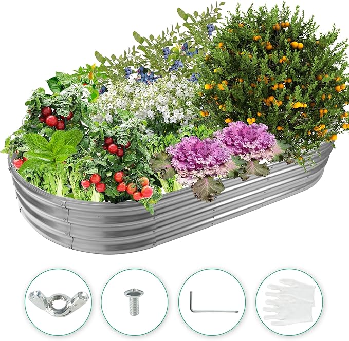 6X3X1 FT Oval Galvanized Metal Garden Raised Bed/Plant Box for Planting,36 Inches Diameter Iron Fire Pit Ring,Small Animal Fence-3 in 1 Modular Design in Black (Silver, 72X36X11.5 Inches)