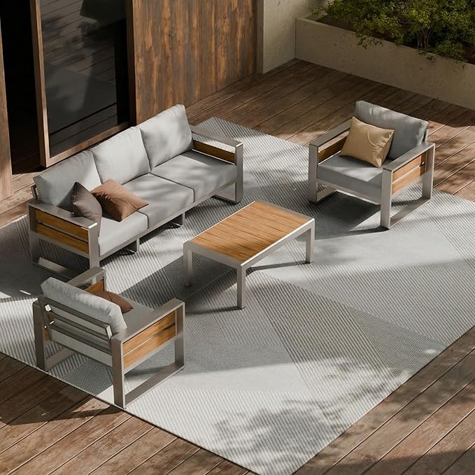 ZANDOR Aluminum Outdoor Patio Conversation Furniture Set, 4 PCS Metal Modern Outside Sectional Lawn Furniture with Coffee Table & Washable Thick Cushions,Seating Sofa for Garden/Backyard/Porch Silver